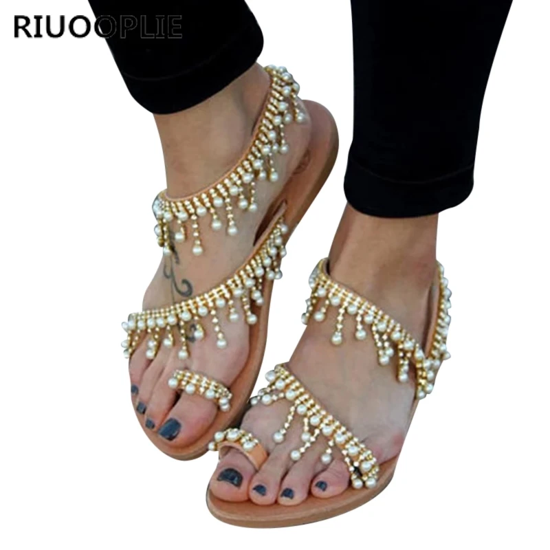 

RIUOOPLIE Women sandals summer shoes flat pearl sandals comfortable string bead slippers women casual sandals size 35 - 43