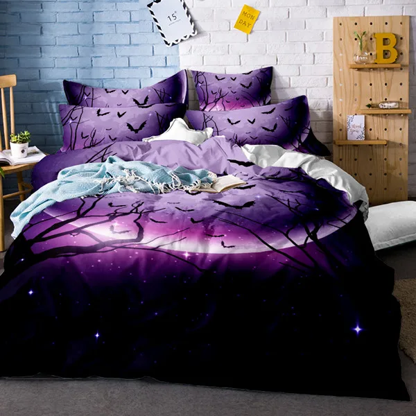 3d Cartoon Halloween Black Bat Duvet Cover Purple Bedding Set With