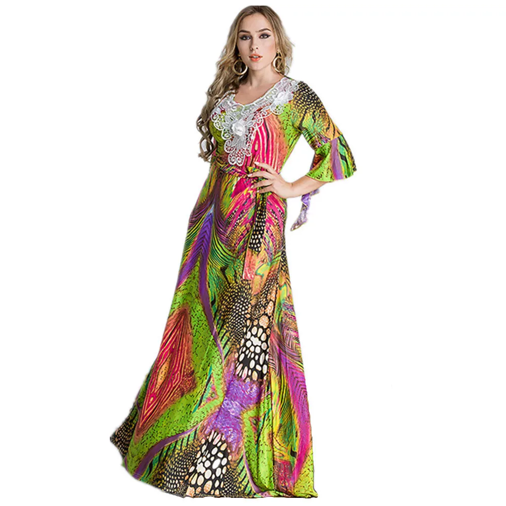 Autumn Muslim Middle East Maxi Long Dress Women New O neck Print Cute