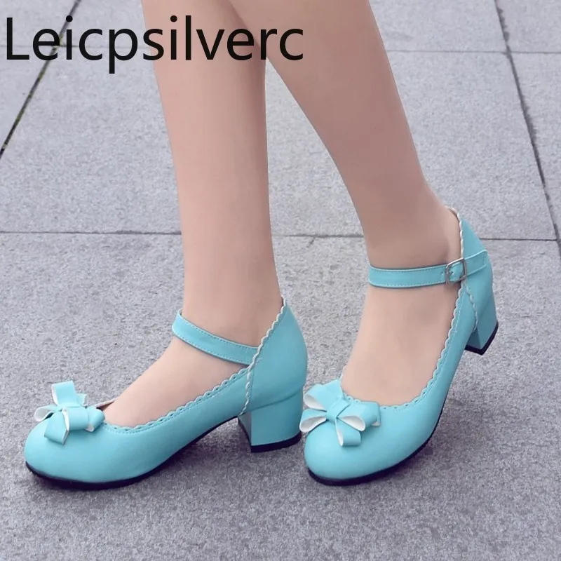 

Pumps Spring and autumn New Round head butterfly Knot Shallow mouth Buckle Thick heel mid heel Women's shoes plus size 32-48