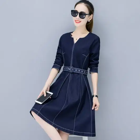 

2019 Autumn Women Midi Long Denim Dresses V-Neck Sashes Jeans Dress Female Long Sleeve Denim Dress A-Line Vestidos DV12