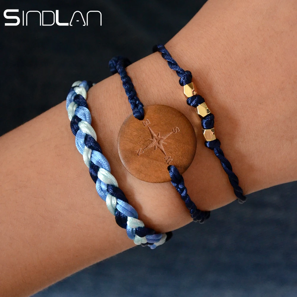 

Sindlan 3PCs Handmade Weave Rope Chain Men Bracelets Set Wood Compass Charm Bracelets Wristband Boho Couple Adult Bracelets
