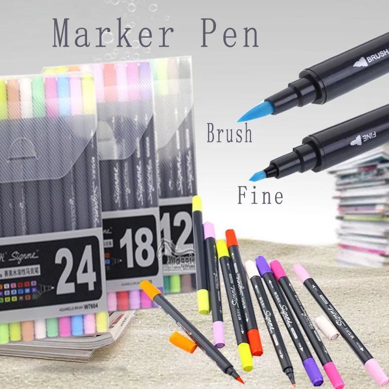 12 18 24 pcs/set Marker Pen Double-Head Water Liquid-Based Ink Twin Tip Paint School Drafting Supplies Brush& Fine Tip Sketch