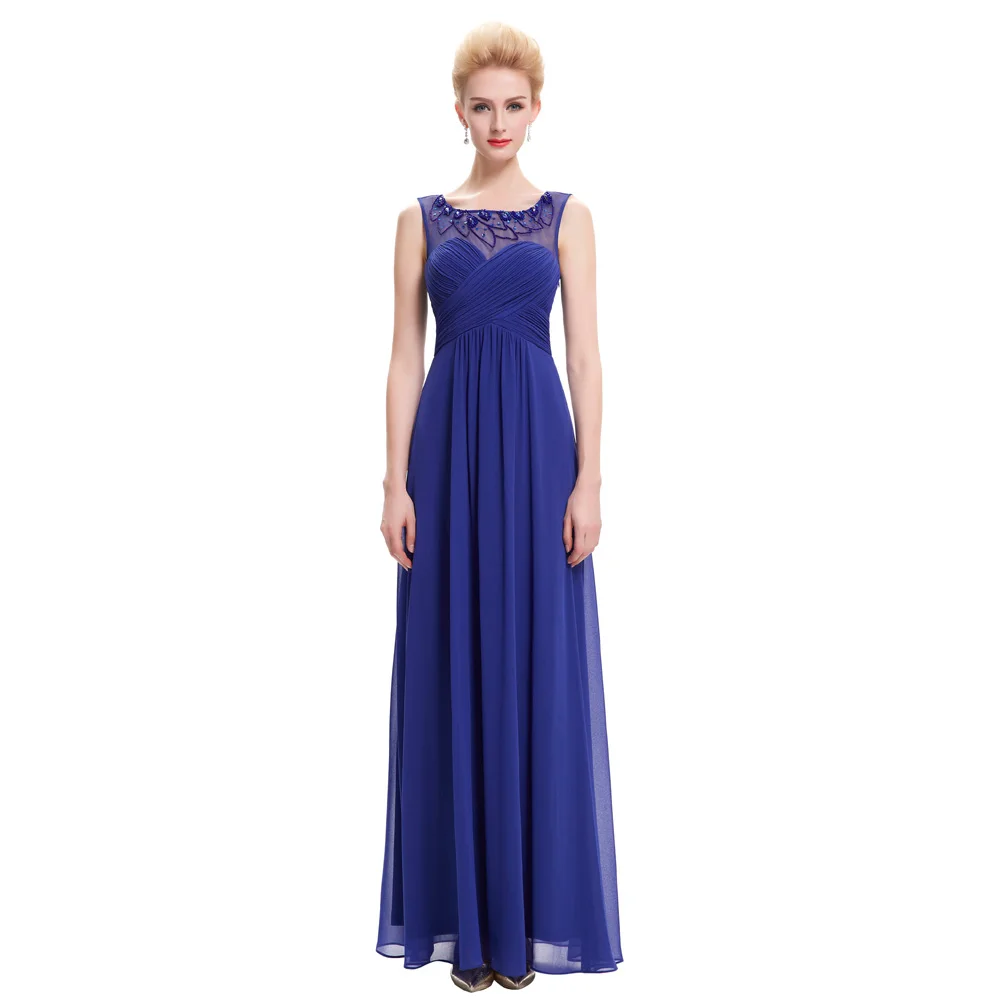 Elegante de Cuello Redondo Entallada Largo Azul Real Vestidos de Noche 2017 Sin Mangas de Gasa