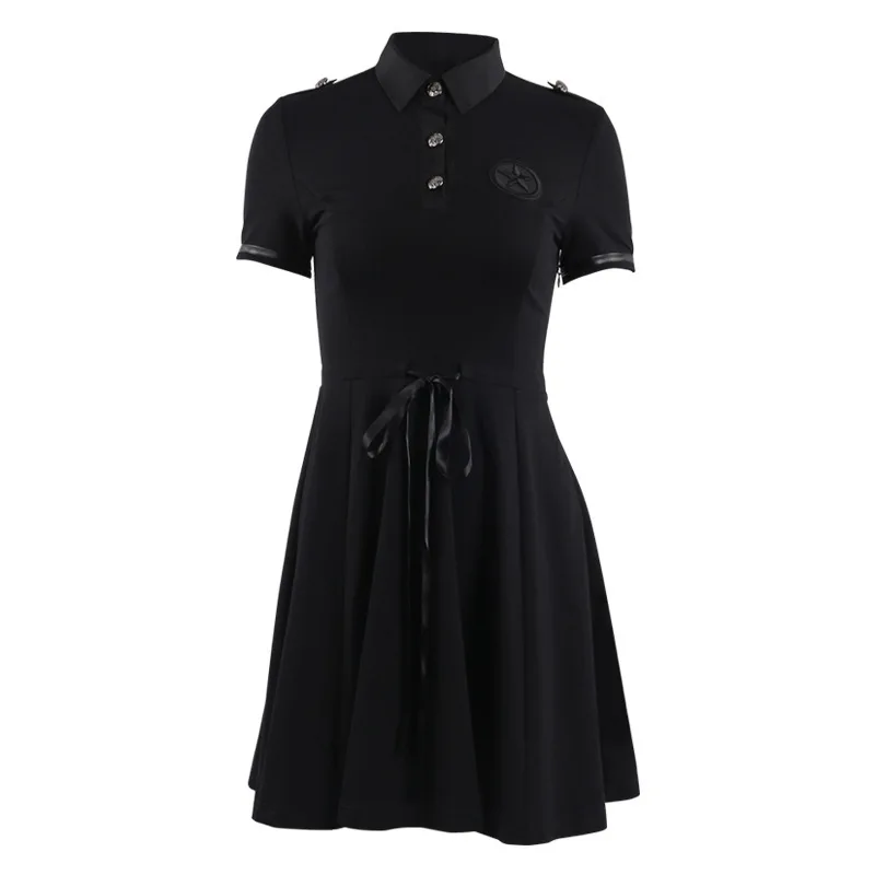 

JIEZuoFang Aesthetic Elegant Solid Patchwork Dresses For Women Gothic Bow Drawstring Buttton Dresses Pleated Rivet Black Dress