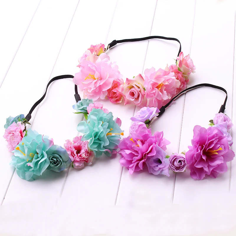 

colorful artificial flower Crown Hair Bands Wedding Festival Headband Garland Hair Accessories Scrunchy Elastic Flower