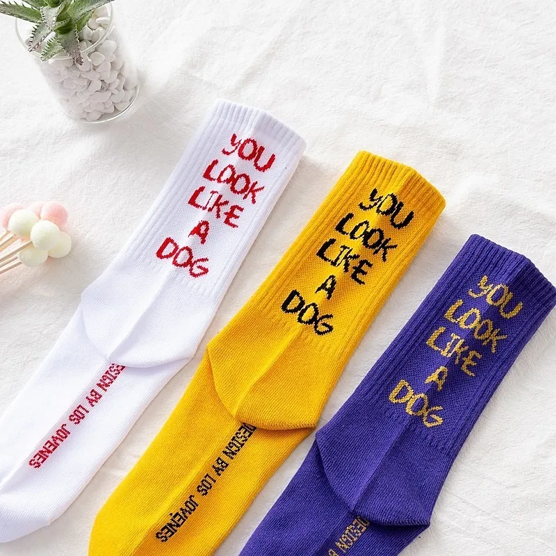 PEONFLY/модные забавные однотонные Женские повседневные носки с буквенным принтом белого, желтого и фиолетового цветов, новинка, индивидуальные уличные носки для скейтеров