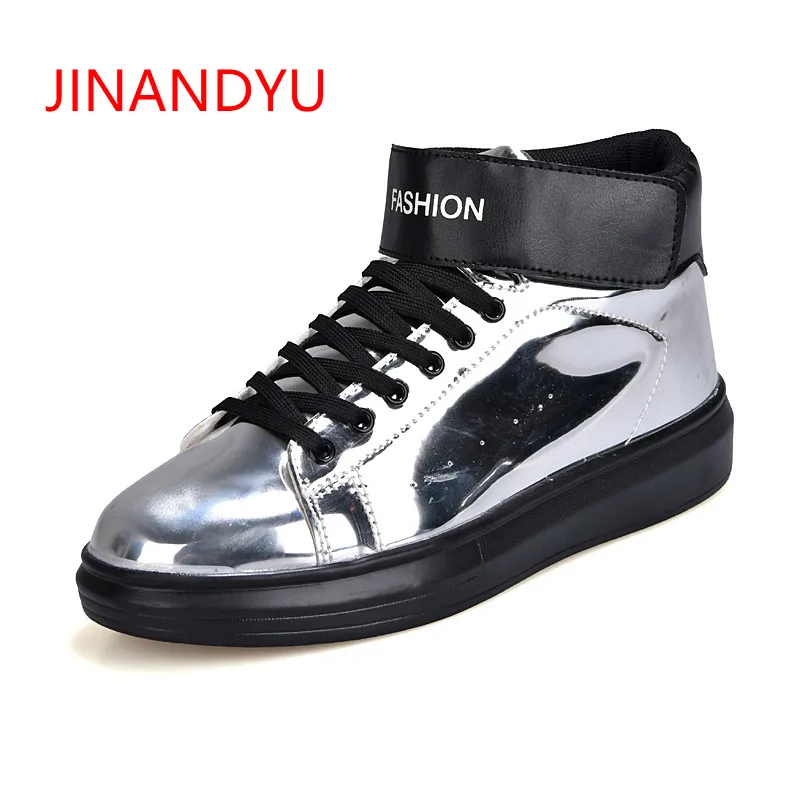 

Fashion Silver Mens Loafers Spring Autumn Lace Up High Top Sneakers Sequin Leather Shoes Men Outdoor Casual Party Dance Shoes