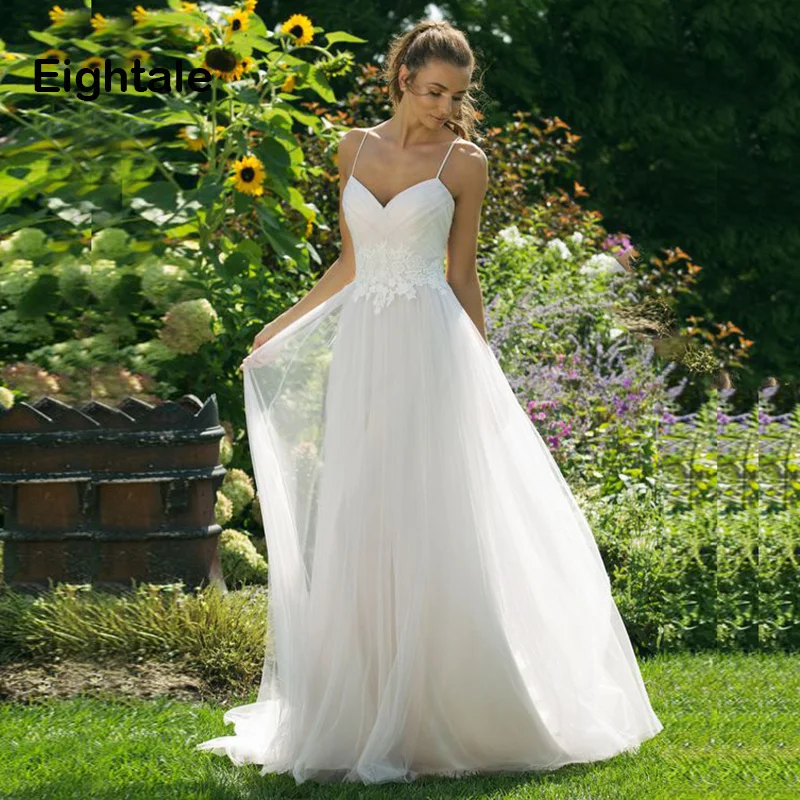 

Eightale Beach Wedding Dress 2019 Spaghetti Strap A-Line Boho Wedding Gowns Sweetheart Backless Appliques Lace Bride Dress