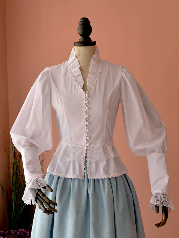 Victorian women lantern sleeve shirt Royal court tops vintage gothic lolita costume office shirt Female Splice Cotton blouse (4)
