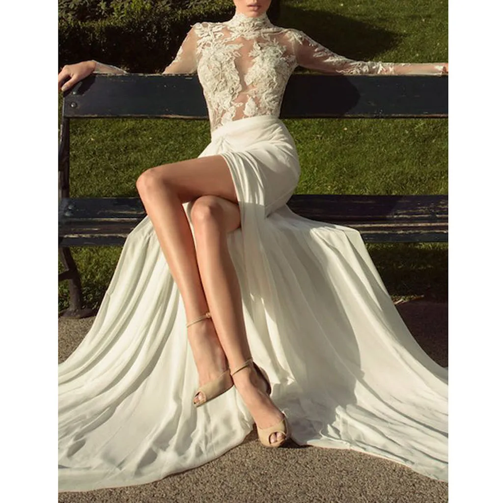 

Formal White Dress Women Elegant Maxi Dress Long Sleeve Floral Transparent Turtleneck Floor Vestidos Ropa Mujer Robe Femme OY41*