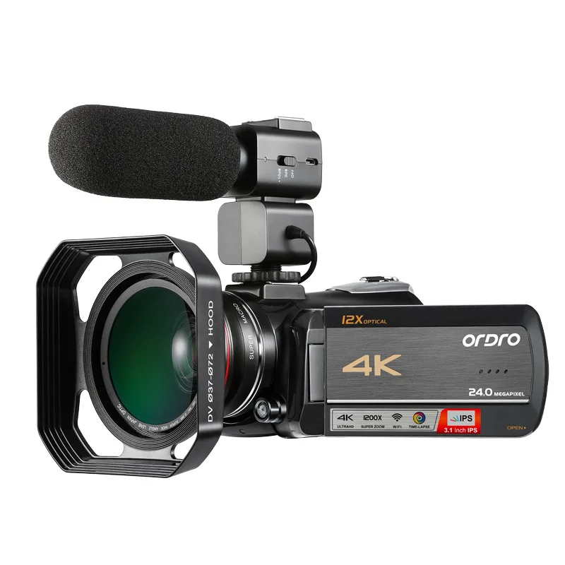 

EU Ordro AC5 4K 12X Optical Zoom 24MP WiFi IPS 3.1 Touch Screen Digital Camera+Lens Hood+Wide Angle Lens+Microphone+LED Light