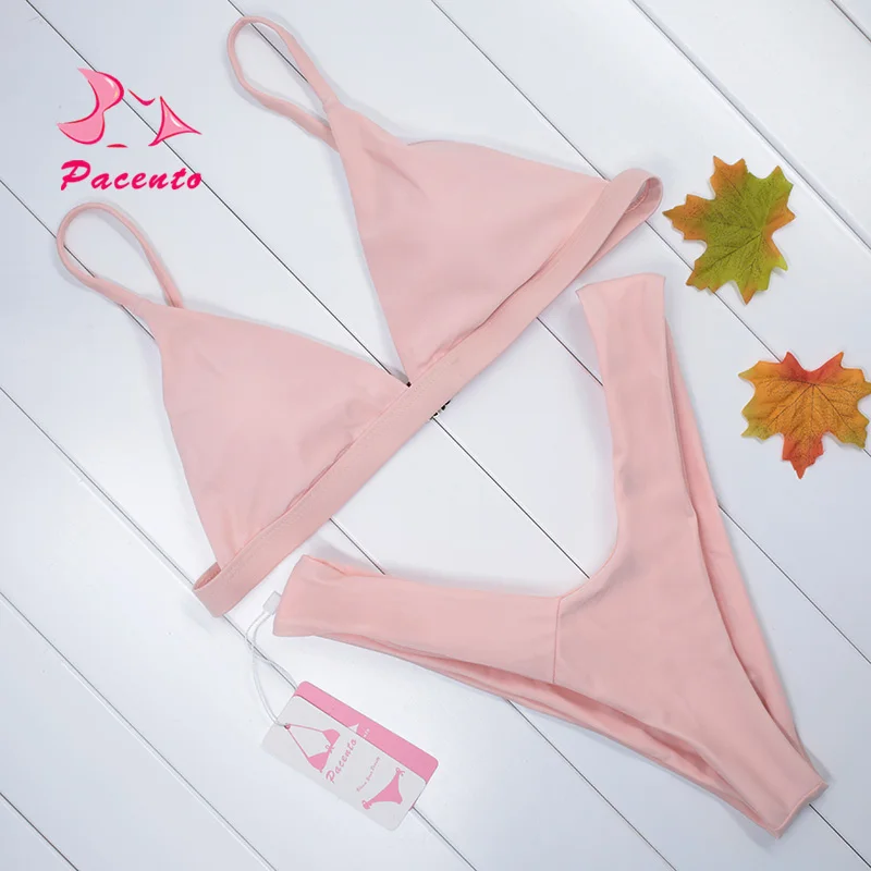 pink Pacento/пикантные однотонные стринги бикини бразильский купальник с высокой Biquinis женский микро Для женщин Разделение Купальники для малышек пляжная сайт plavky - Цвет: pink