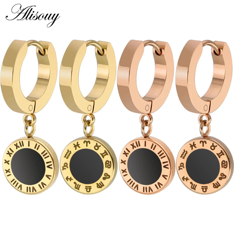 

Alisouy Black Single-sided Roman Numerals Zodiac Simple Round Circle Earrings Titanium Steel Rose Gold Color Female Hoop Earring