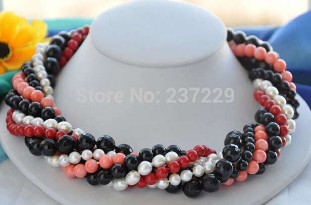 

HOT## Wholesale price > ^^7row red/pink coral black agate white pearl bead NECKLACE