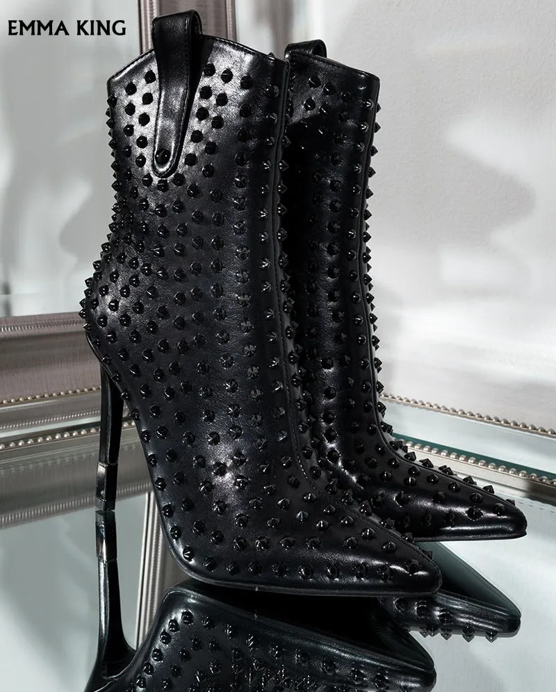 

2019 New Open Toe Embellished Studs Boots Women Black Rivets Ankle Boots Sexy Booties Stiletto High Heels Dress Shoes Woman