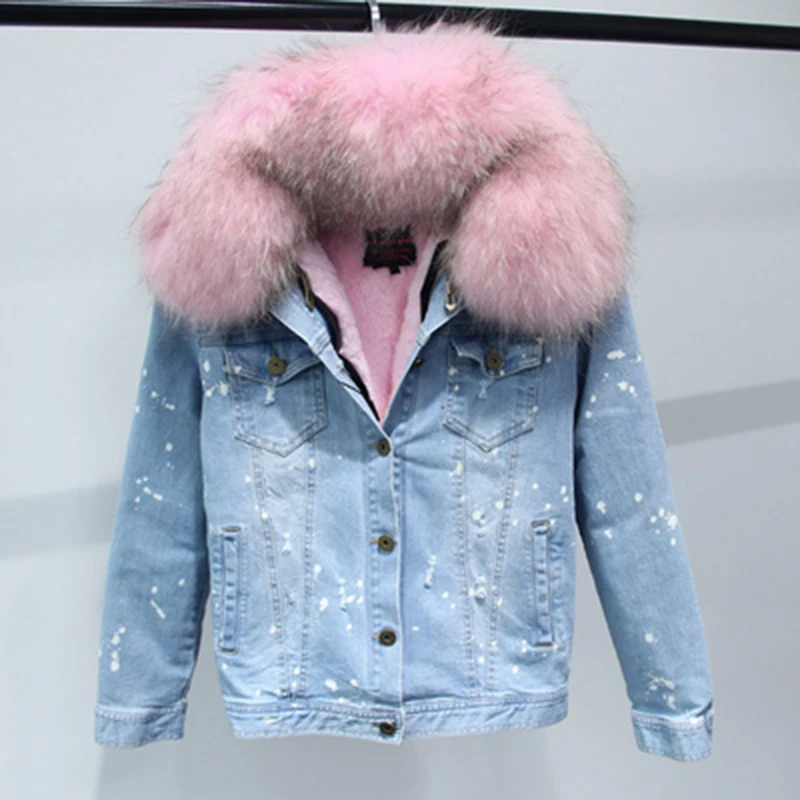 Меховая зимняя женская куртка, женская джинсовая куртка с натуральным мехом енота, пуховик, зимняя розовая меховая подкладка, Женская куртка, пальто