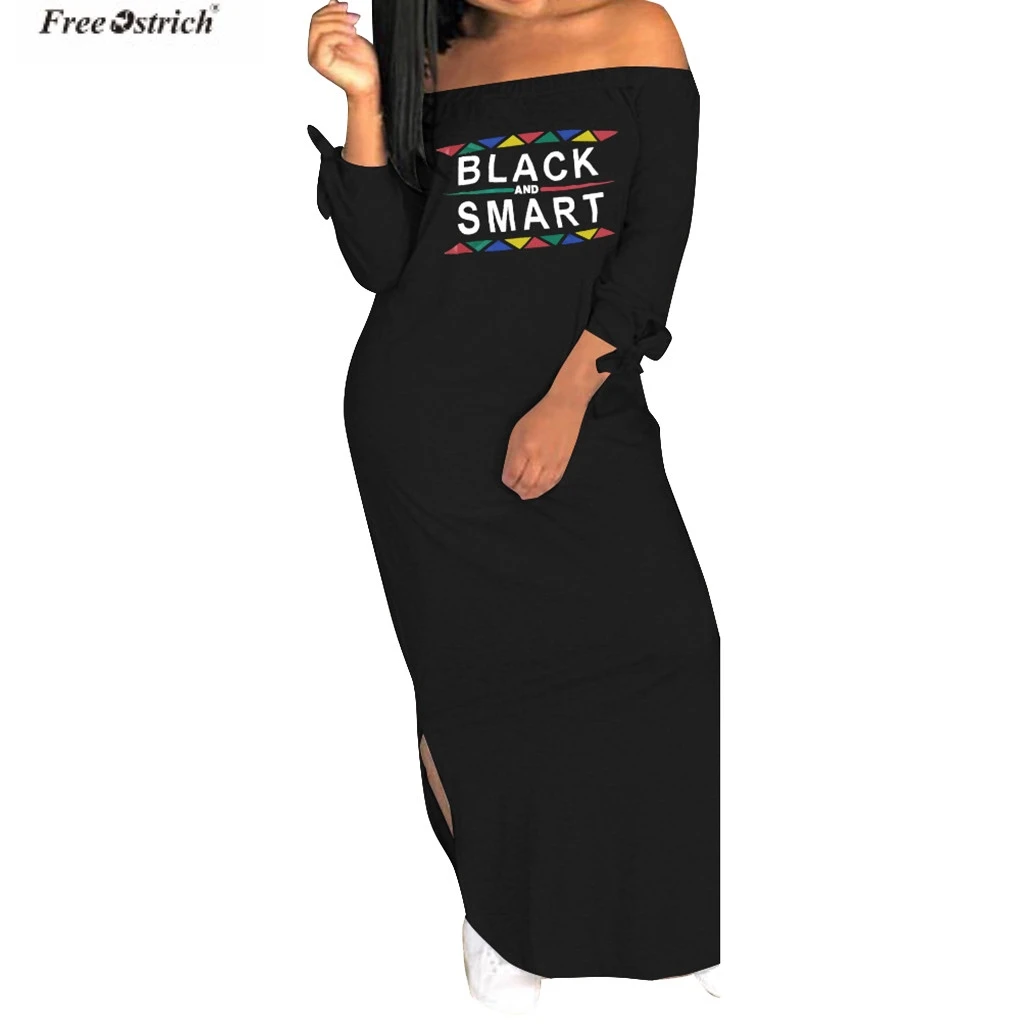 

FREE OSRICH Dress Womens Off Shoulder Slash Neck Long Sleeve Maxi Dress long dress With Slit Letter Print vestidos