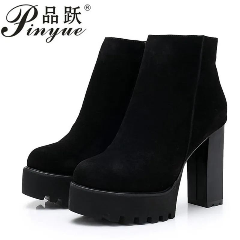 

Genuine Fashion Black Ankle Boots For Women Thick Heels Spring Autumn Flock Platform Shoes High Heels Black Zipper Ladies Boots