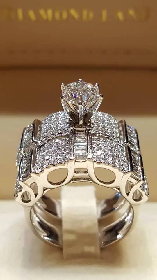 Модное кольцо из стерлингового серебра 925 пробы с кристаллами для женщин 2 шт./компл. 2 в 1 обручальное свадебное AAA CZ Ювелирные изделия из циркония
