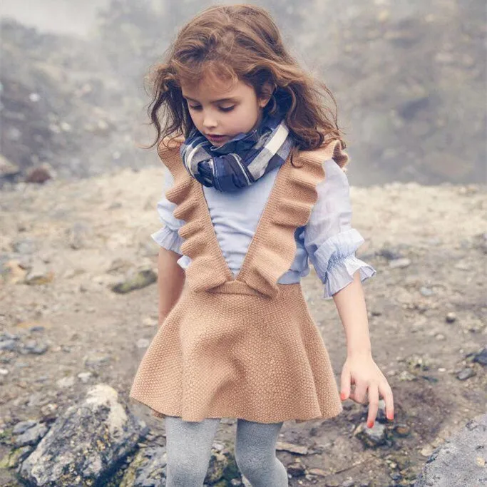 

2017 New Girls Straped Skirt Ruffled Knitted Winter Skirts Girls Skirt With Suspenders Children Autumn Knitted Outerware