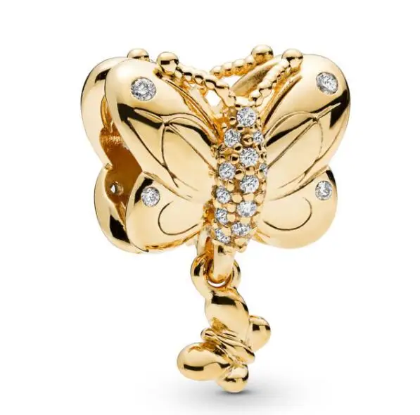 

Original 925 Sterling Silver Charm Gold Decorative Butterfly Crystal Pendant Beads Fit Pandora Bracelet & Necklace Diy Jewelry