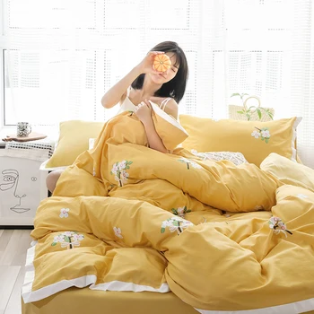 

60S Pure Cotton Little Fresh Style 3 4pcs Bed Set Duvet Cover Flat Fitted Bed Sheet Pillowcases Solid Yellow Little Flower Cat
