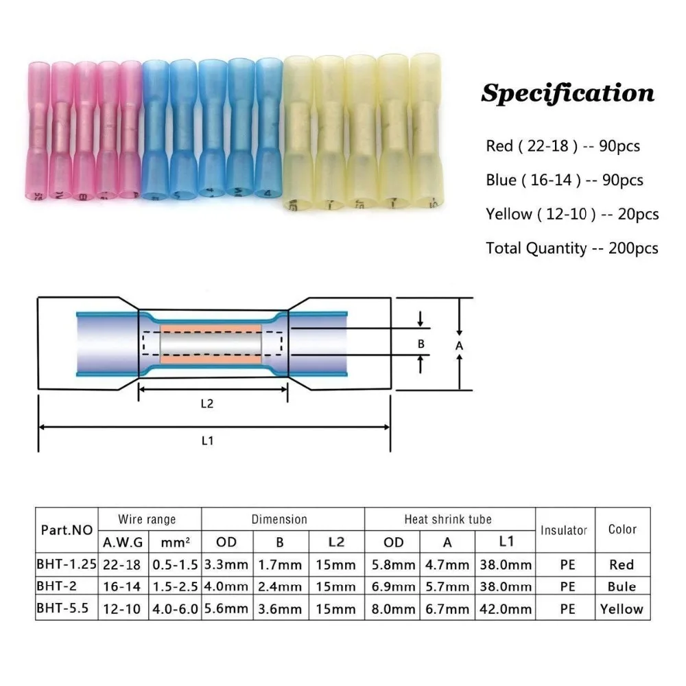 BLYN 200 шт. термоусадочный стыковой соединитель терминалы эвентроник изолированный Водонепроницаемый морской автомобильный медный провод электрические комплекты