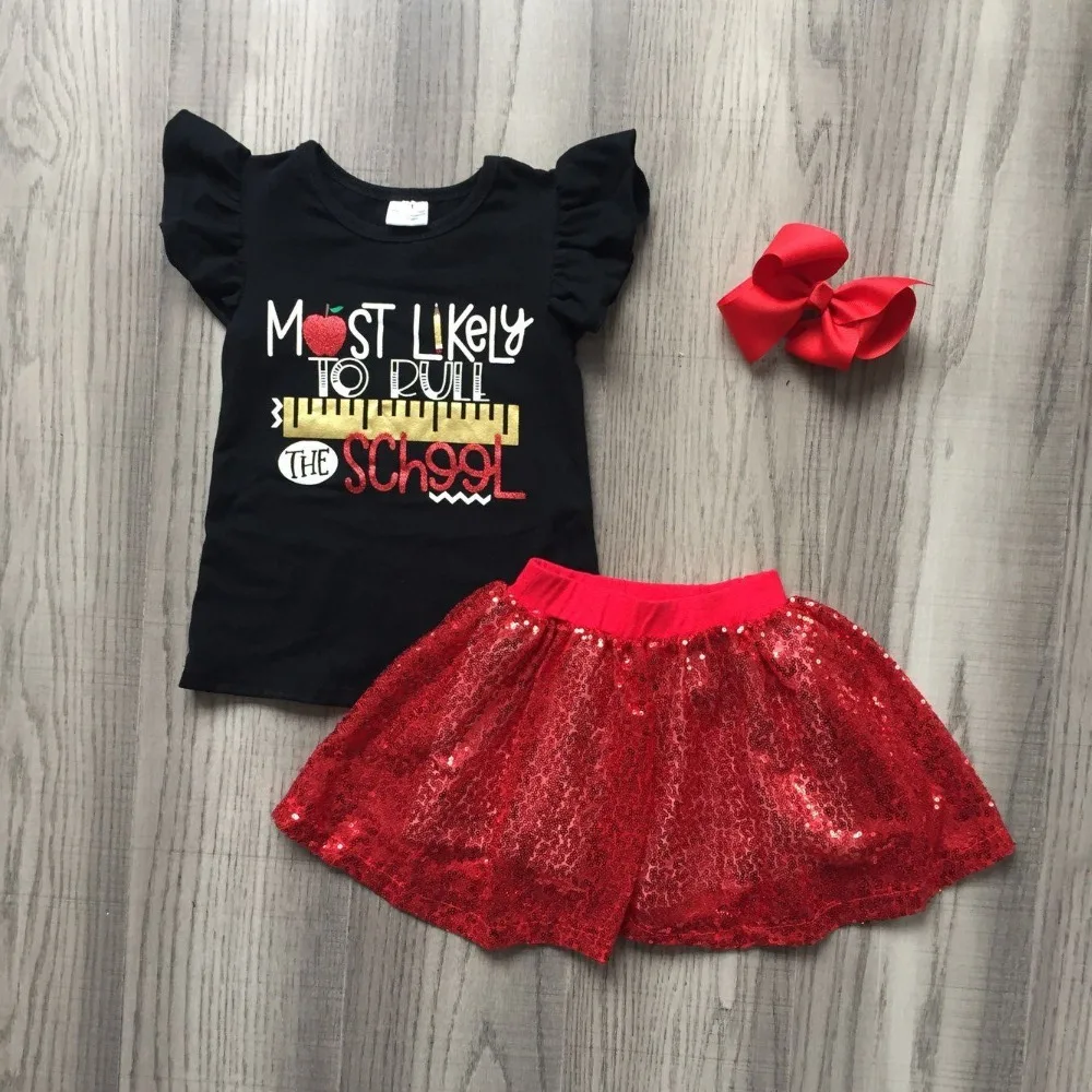 

cotton baby girls boutique most likely to rule the school ruffle sequins skirt back to school outfits match accessories apple