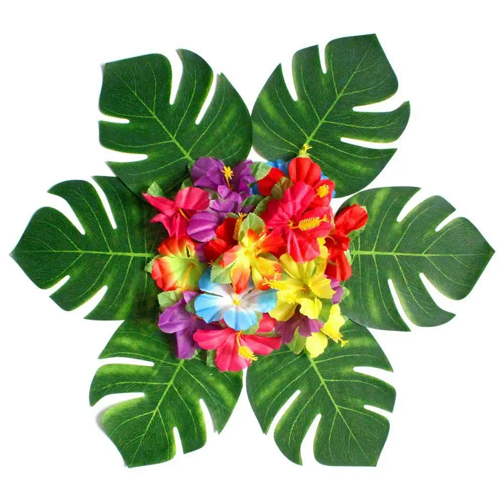 ALIM HOT 30pcs Artificial Tropical Palm Leaves & 24 pcs Hibiscus Flower Hawaiian Jungle Beach
