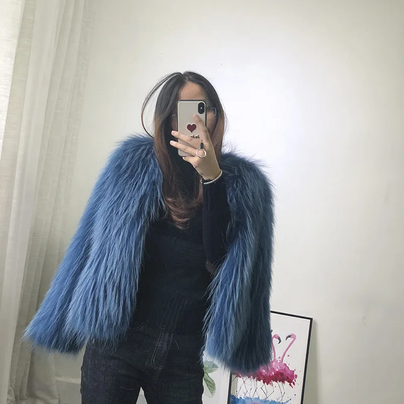 

JKP fashion real raccoon fur vest winter thick warm jacket long sleeve short solid color hand-woven knit jacket 2018 HC-12