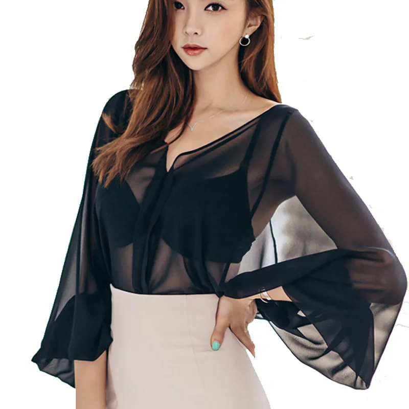 Large Size Hollow Out Sheer Black Chiffon Shirt Women Blouse Sexy