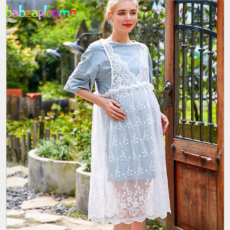 

2 Piece Summer Fashion Pregnancy Clothes Lace White Long Dress+Cotton T-shirt Maternity Dresses Pregnancy Clothing Sets BC1257-1