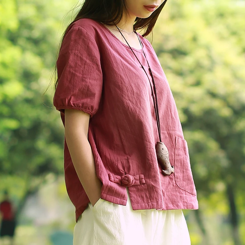 LZJN 2019 Summer Tops Women Blouses Cotton Linen Red Shirt Traditional Chinese Clothing Camisas Female Blusas Femininas PX1800 2