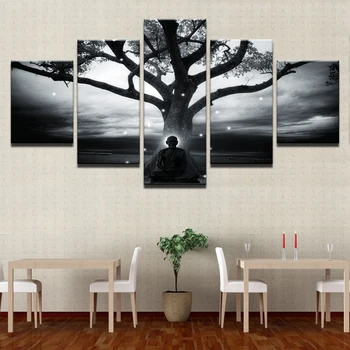 

5 Panels canvas paintings of buddha at forest printing canvas poster wall decals of home decoration