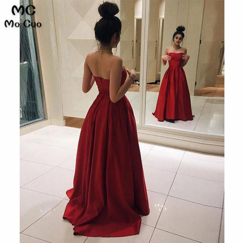 ELEGANT STRAPLESS RED SATIN A LINE CHEAP PROM DRESSES EVENING GOWNS3
