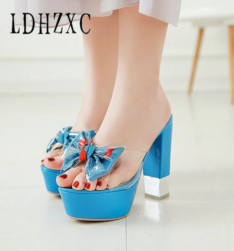 

LDHZXC Women Sandals Square Super High Heel PU Leather Transparent Mixed Color Butterfly-Knot Slipper Summer Size 34-43