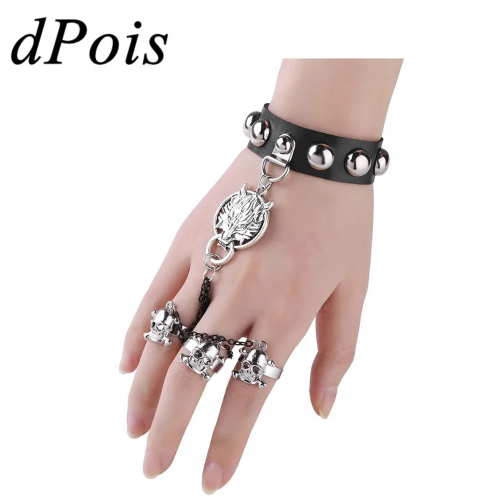 

Women Girls Fashion Vintage Gothic Steampunk Faux Leather Wolf Head &Skull Bracelet Wristband with Rings Costumes Party Supplies