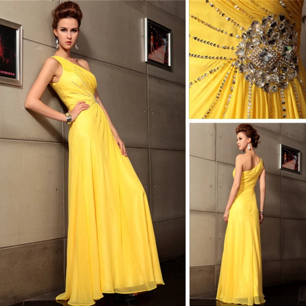 One Shoulder Floor Length Canary Yellow Chiffon Rhinestone Evening Gown -  AliExpress