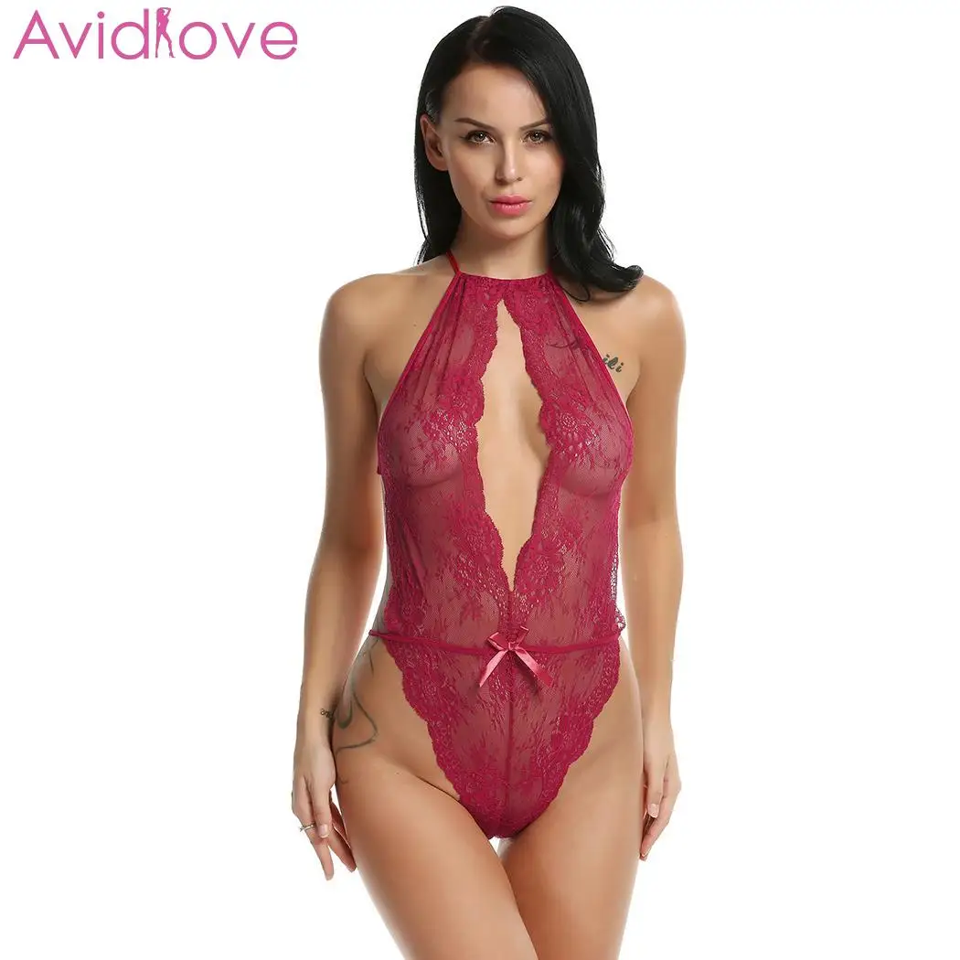 Red Avidlove сексуальное женское белье Пижамный комбинезон с кружевным бантом женское сексуальное белье Babydoll стринги открытая промежность купальник Тедди для сна - Цвет: Red