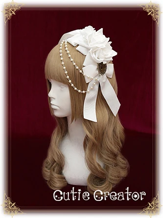 [Революция]+ Роза невесты+ цепочка из бисера+ бантик для головы Лолита ободки для волос уникальный дизайн - Цвет: White