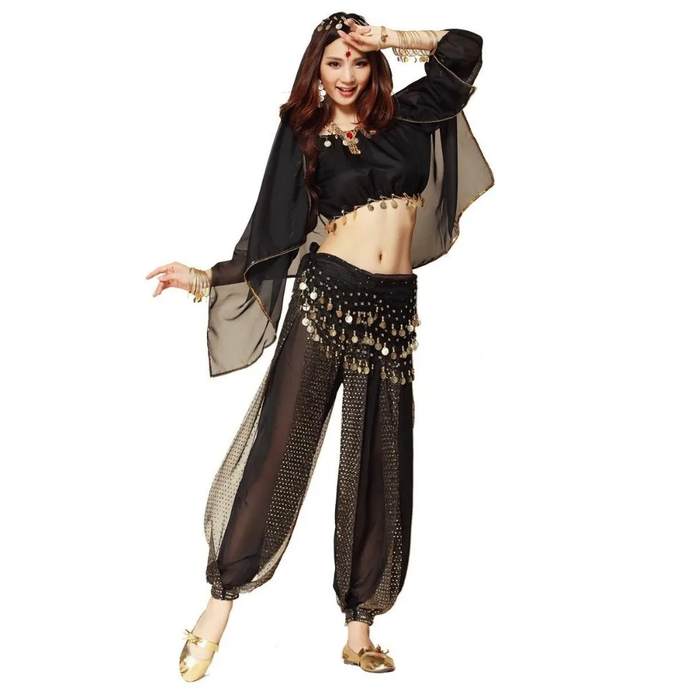 Women's Belly Dance India Dance Costume Lanterns Sleeves Coins Top Harem Pants 