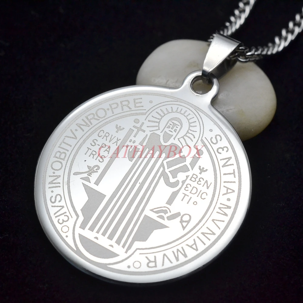 

Men's SIlver Tone Stainless Steel Catholic Religious Patron Saint St. Benedict Holy Medal Pendant Necklace SS Curb Chain 60CM