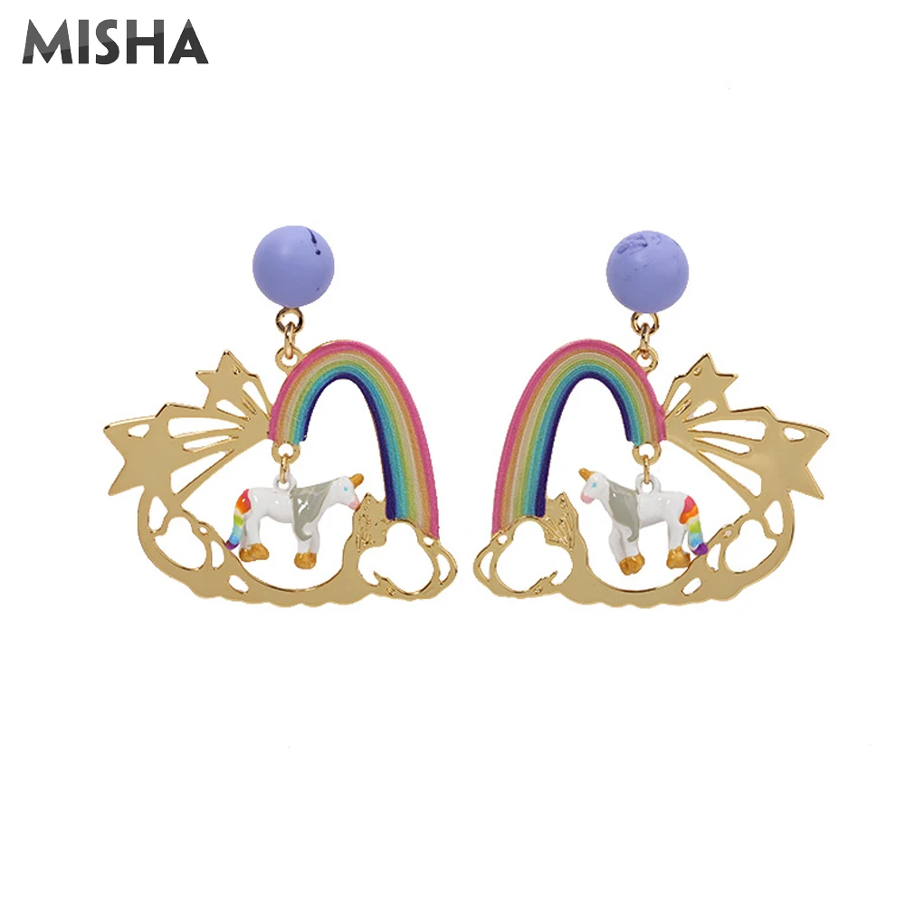 MISHA Модные серьги для женщин ручной работы эмалированные глазурованные единорог Радуга ювелирные серьги для девушек Подарок