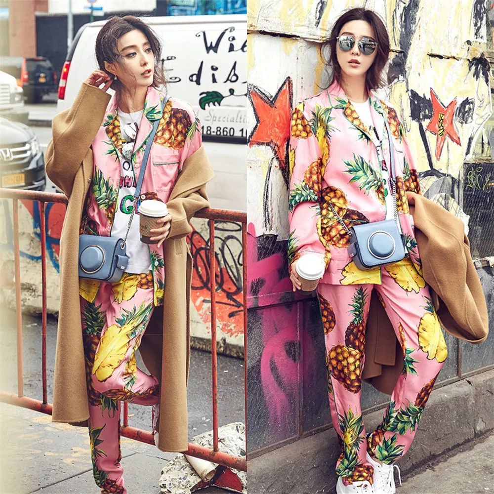 

JRMISSLI Sexy Pajama Set Women pineapple Print Two Pieces Set Brand Pyjama Sleepwear Satin Silk Pijama
