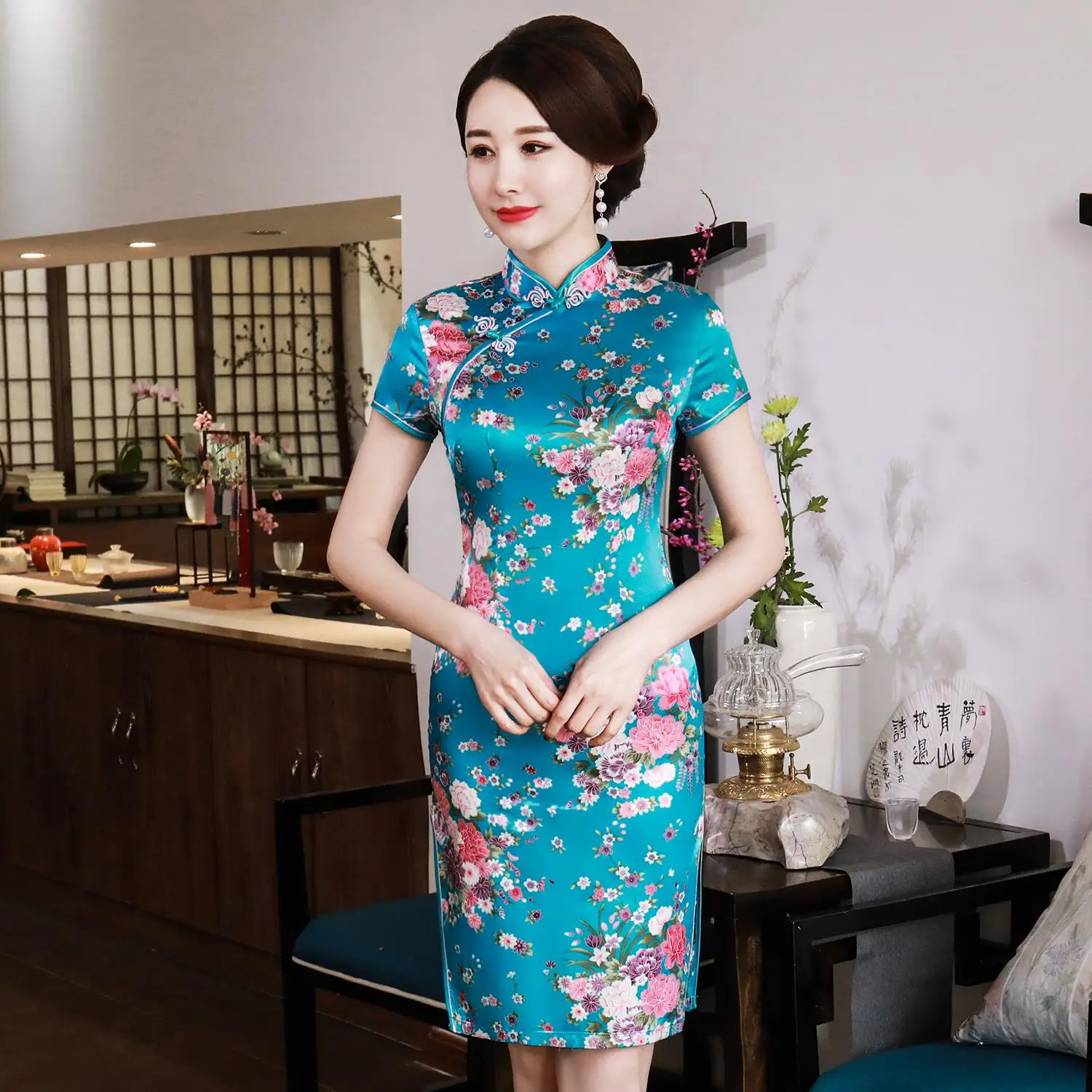 Черный цветочный принт женское короткое тонкое Cheongsam сексуальное китайское традиционное платье с высоким разрезом размера плюс вискоза Qipao Vestidos S-6XL - Цвет: Style O