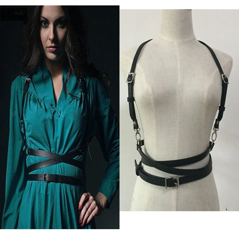 

Hot Fashion Women Handmade Leather Harness Punk Gothic Body Bondage Cage Shoulder Wraped Long Waist Straps Suclpting Belt