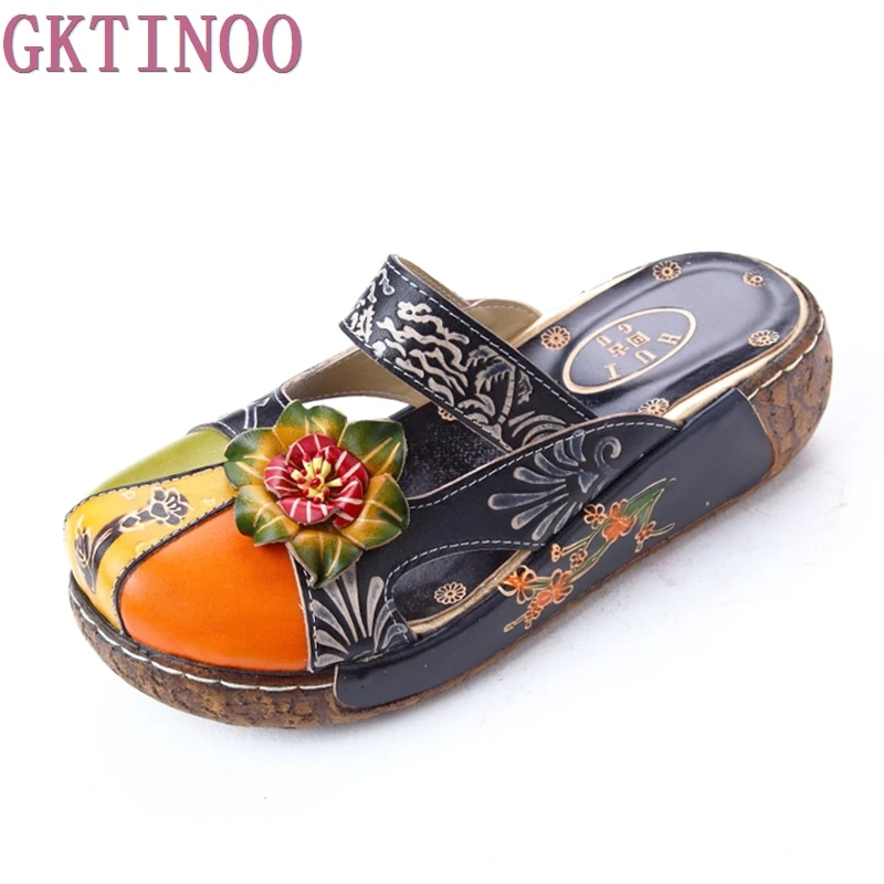 

GKTINOO Summer Women's Wedges Sandals Closed Toe Flower Ethnic Style Handmade Genuine Leather Personalized Women Slippers Shoes