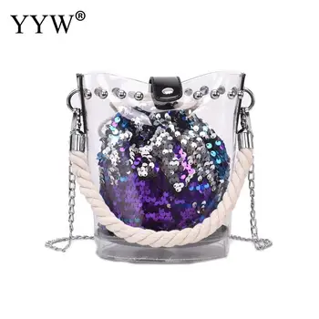 

Women Pvc Bucket Bag With Silver Chain Transparent Tote Handbag 2019 New Fashion Sequin Crossbody Bags Shoulder Handbags
