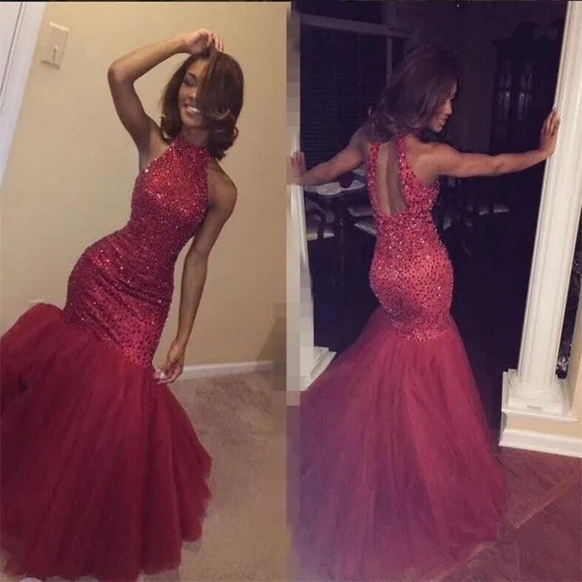 as pic Русалка Выпускные платья Роскошные Бисероплетение vestidos de Fiesta воротник хомутиком, без спины приталенные вечерние платья vestidos de gala - Цвет: as pic